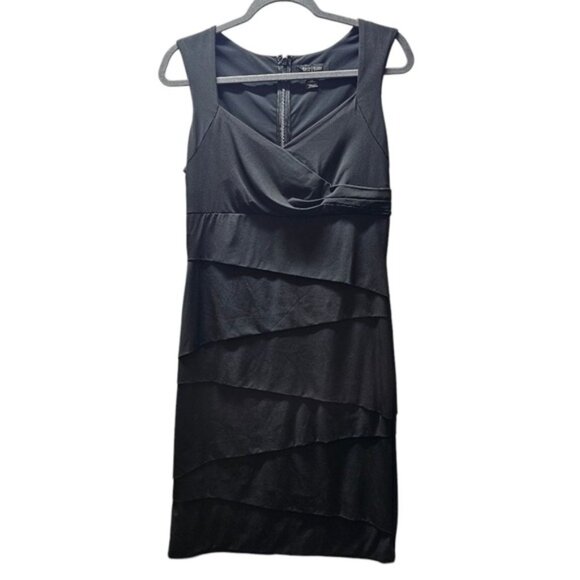 White House Black Market Size 12 Sheath Little Black Dress Layered Design Sleeve - Picture 4 of 10
